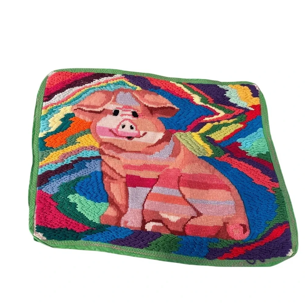 Vintage Handmade Needlepoint Pig Wall Art‎ Colorful Psychedelic Folk Art 17x14